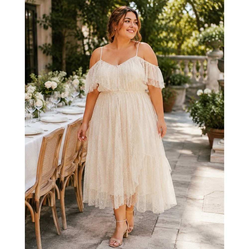 Joyfolie XXL Ivory Swiss Dot Off Shoulder High-Low Midi Dress